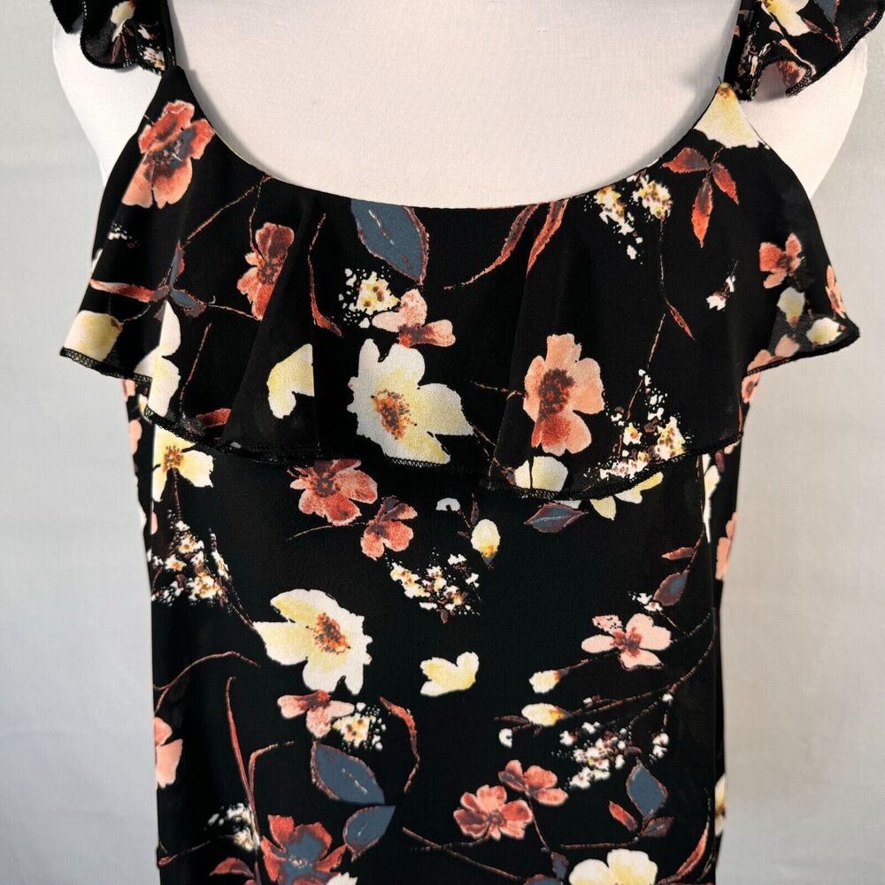 Maurices Floral Tank Sz S Black Peach Yellow Ruffled neck spaghetti straps - Picture 2 of 9